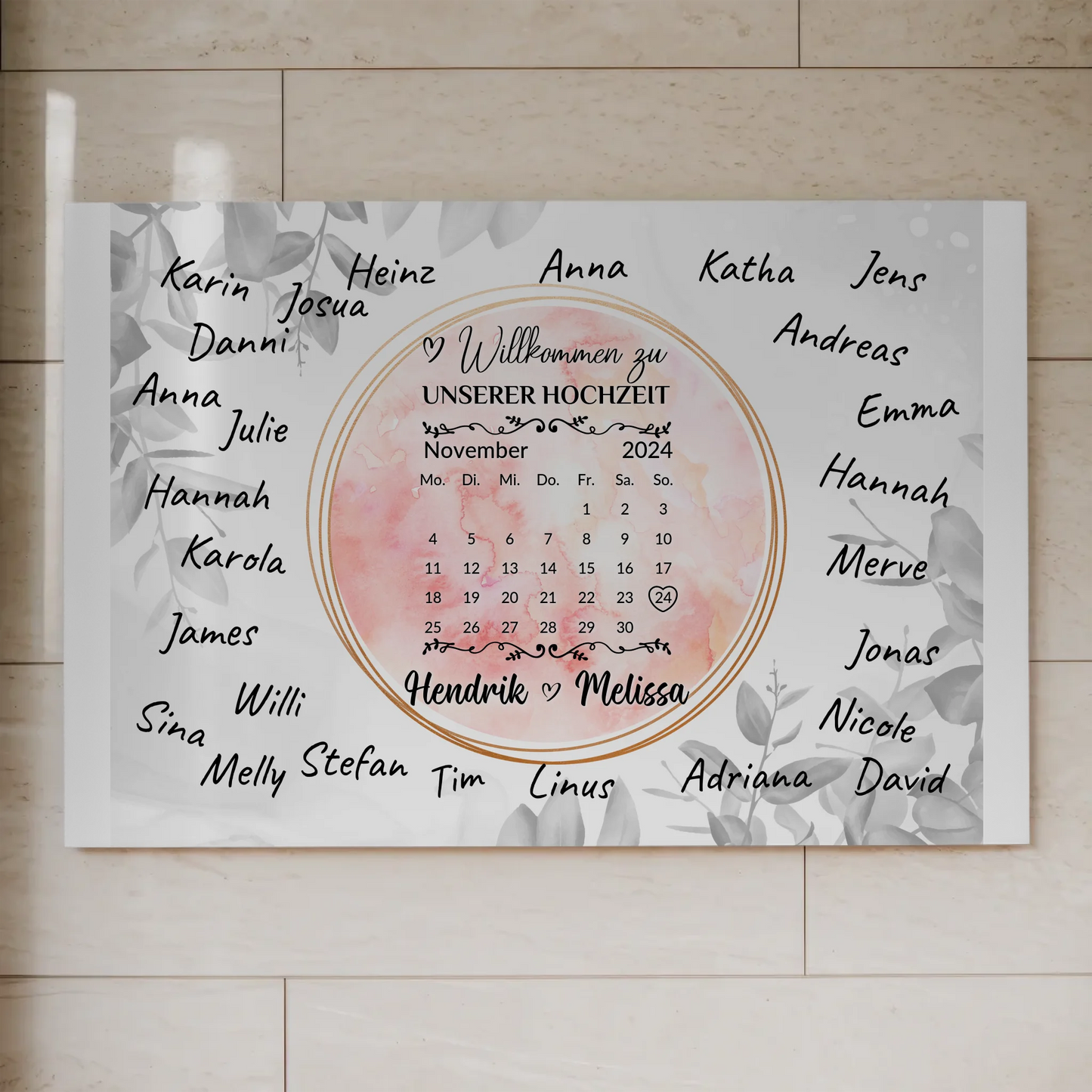 Willkommensschild Hochzeit Aquarell Kranz personalisiert