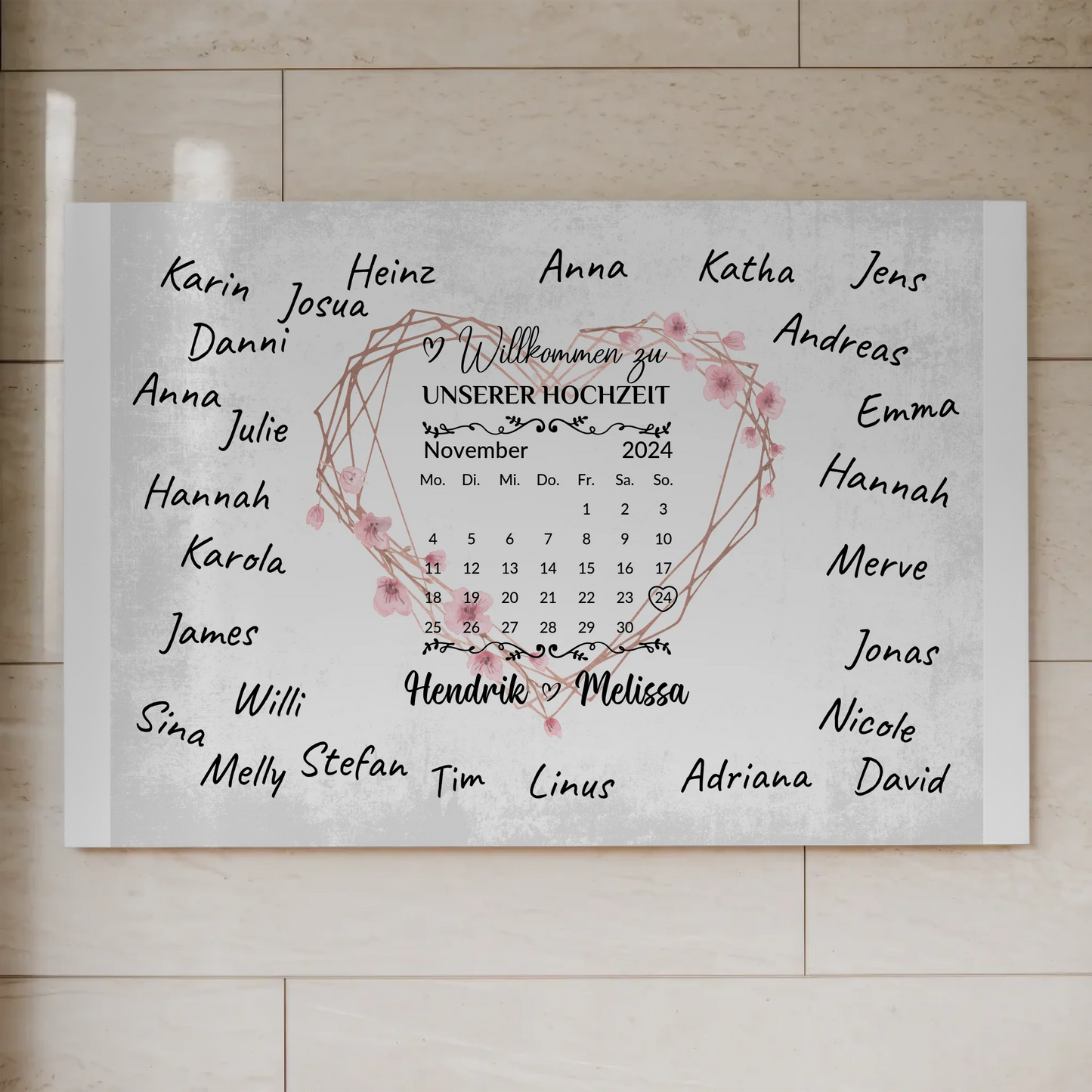 Willkommens Fotoboard Hochzeit Herz Kranz Unterschriften