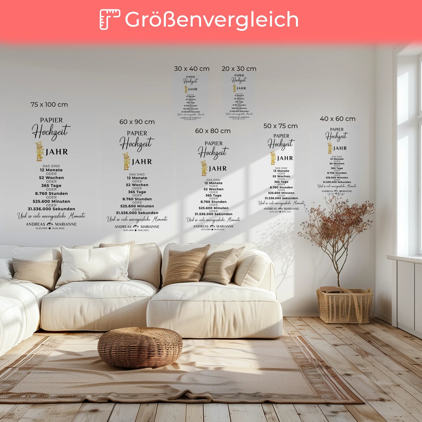 Personalisierte Leinwand Geschenk zur Papierhochzeit 1 Hochzeitstag Momente