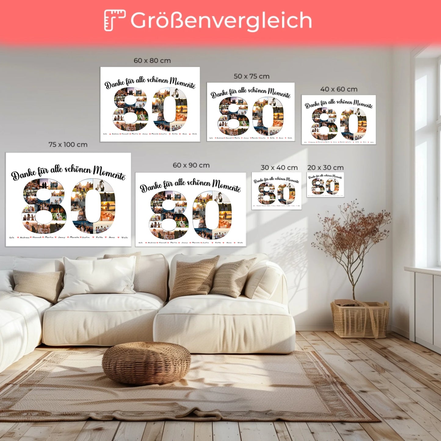 Geschenk Leinwand individuell 80 Geburtstag Danke für Momente mit Fotos