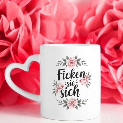 Lustige Tasse mit Spruch und Blumen in Rosa und Grün für jedes Zuhause