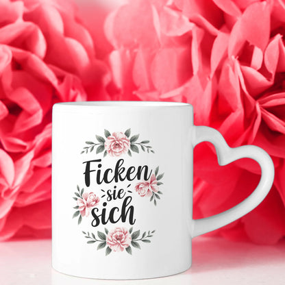 Lustige Tasse mit Spruch und Blumen in Rosa und Grün für jedes Zuhause