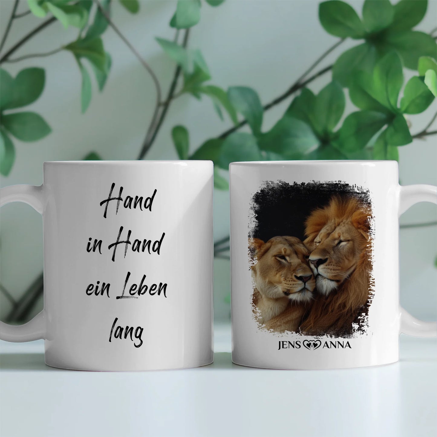 Pärchen Tasse Hand in Hand ein Leben lang Löwen Bild mit Namen