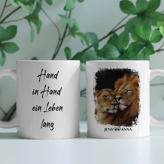 Pärchen Tasse Hand in Hand ein Leben lang Löwen Bild mit Namen
