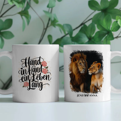 Pärchen Tasse Personalisiert Hand in Hand ein Leben lang Löwen Bild