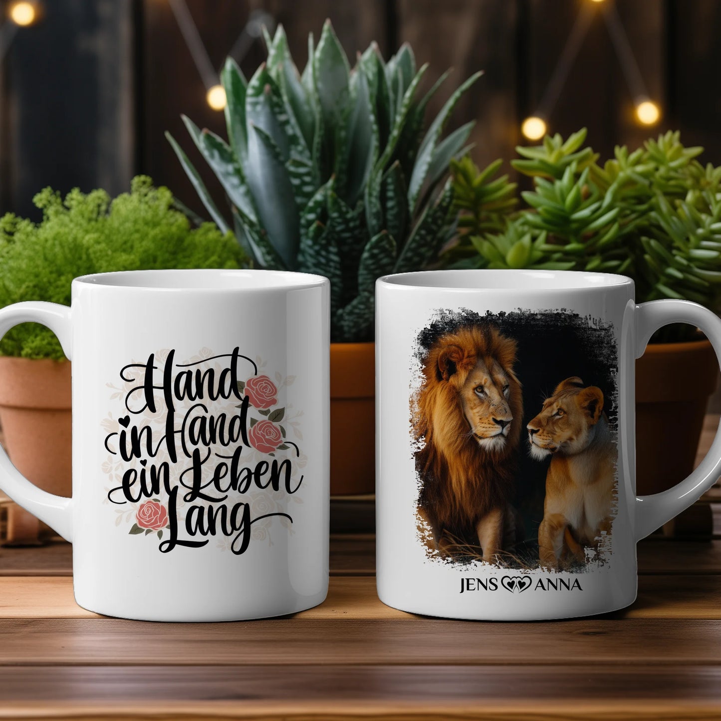 Pärchen Tasse Personalisiert Hand in Hand ein Leben lang Löwen Bild