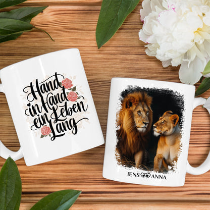 Pärchen Tasse Personalisiert Hand in Hand ein Leben lang Löwen Bild
