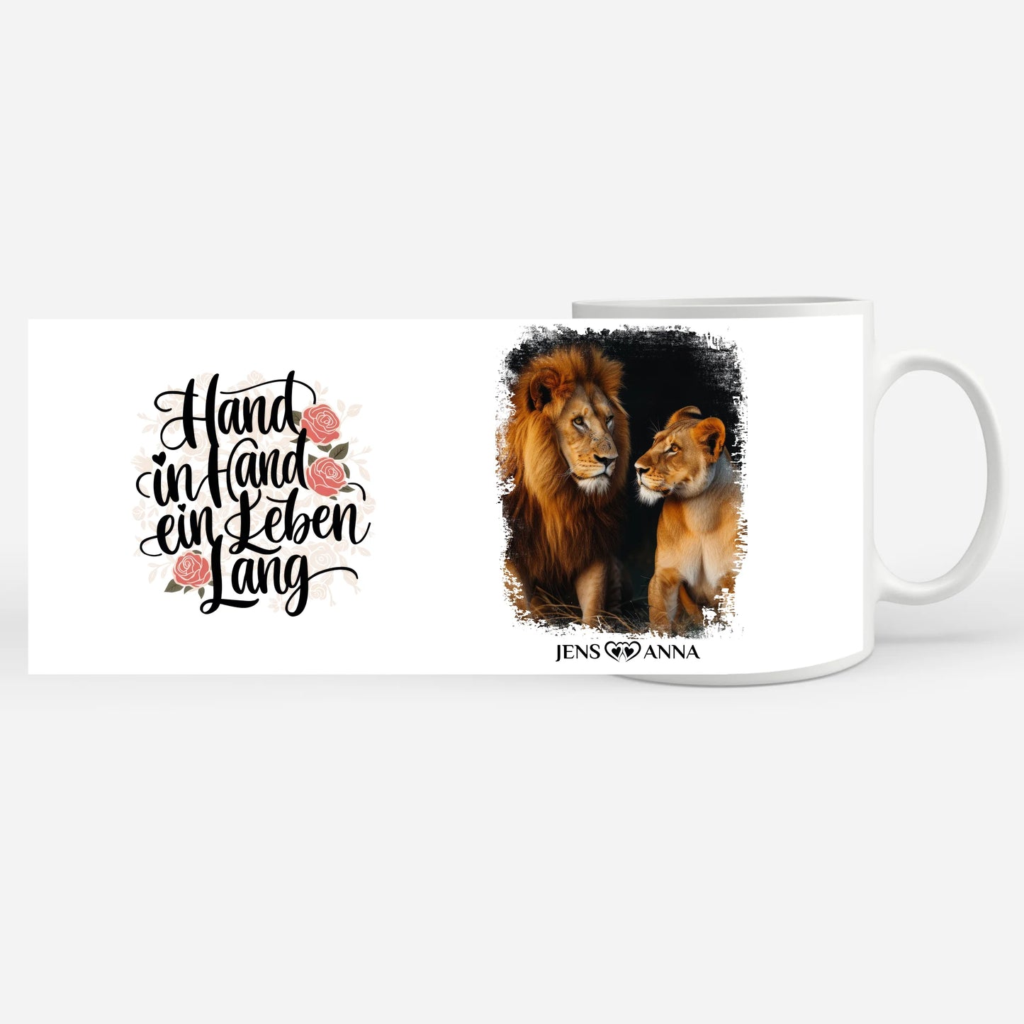Pärchen Tasse Personalisiert Hand in Hand ein Leben lang Löwen Bild