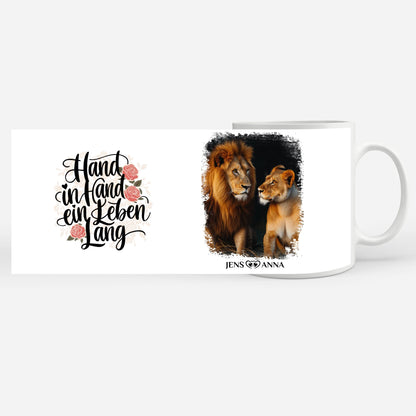 Pärchen Tasse Personalisiert Hand in Hand ein Leben lang Löwen Bild