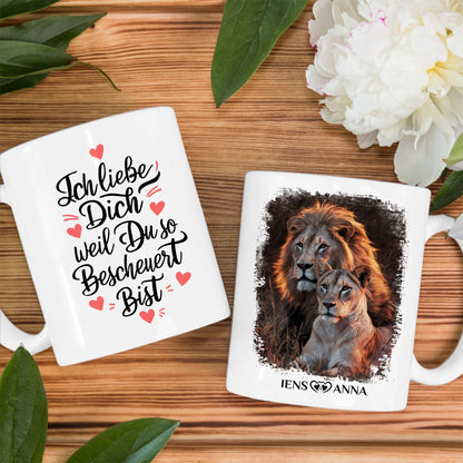 Pärchen Tasse ich liebe dich weil du so bescheuert bist Löwen Bild