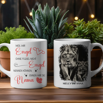 Personalisierte Tasse für Mama und Tochter mit Löwen Mamas sind Engel