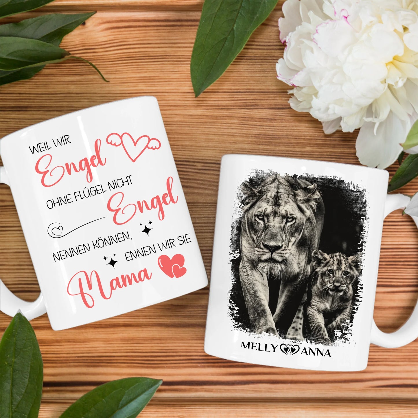 Personalisierte Tasse für Mama und Tochter mit Löwen Mamas sind Engel