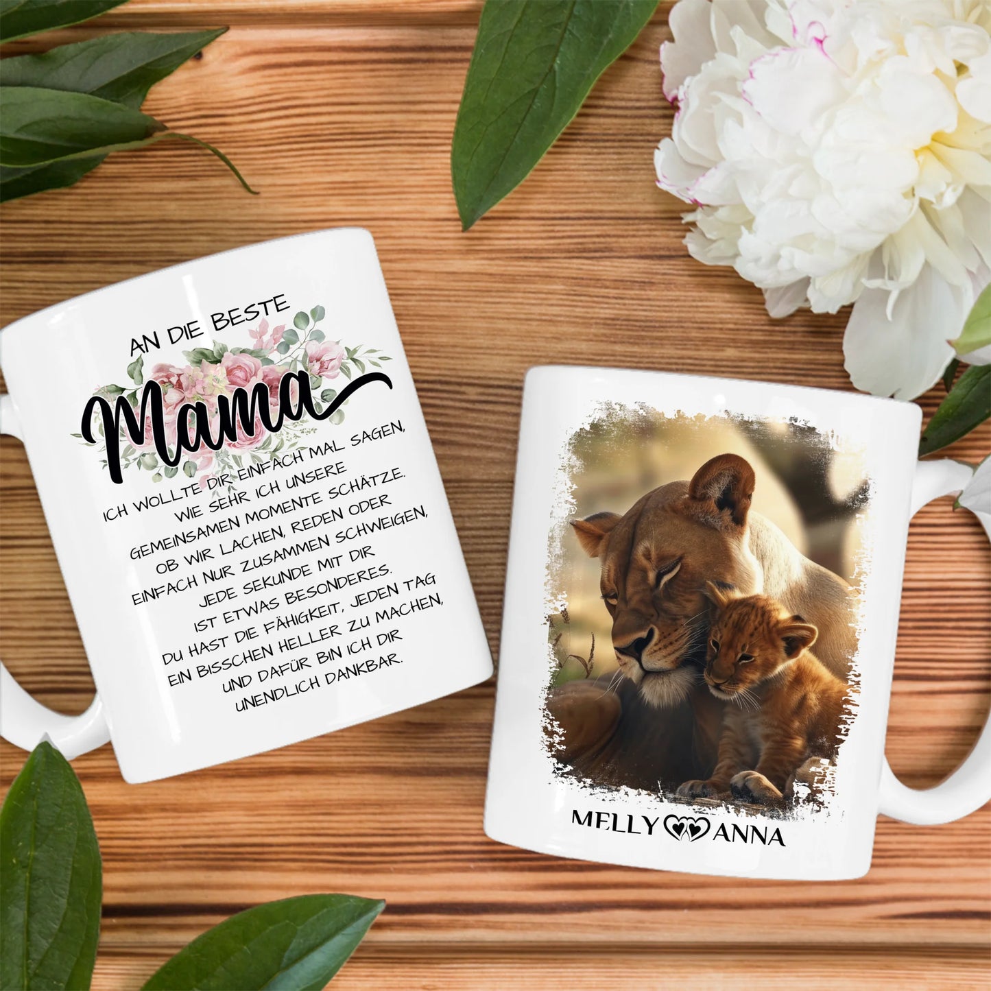 Mama und Tochter Tasse personalisiert mit Löwen Unsere Momente