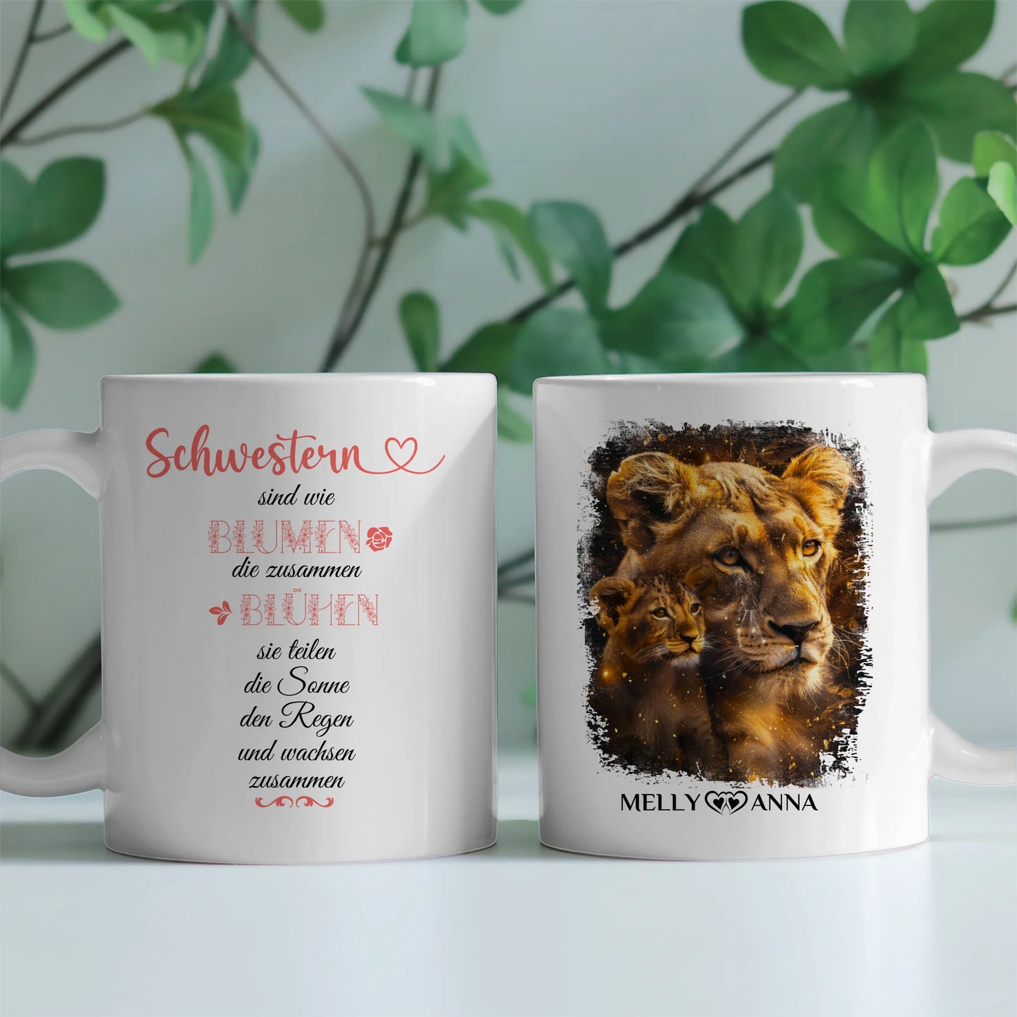 Tassen Geschenk für Schwester Löwen Bild Schwestern sind wie Blumen