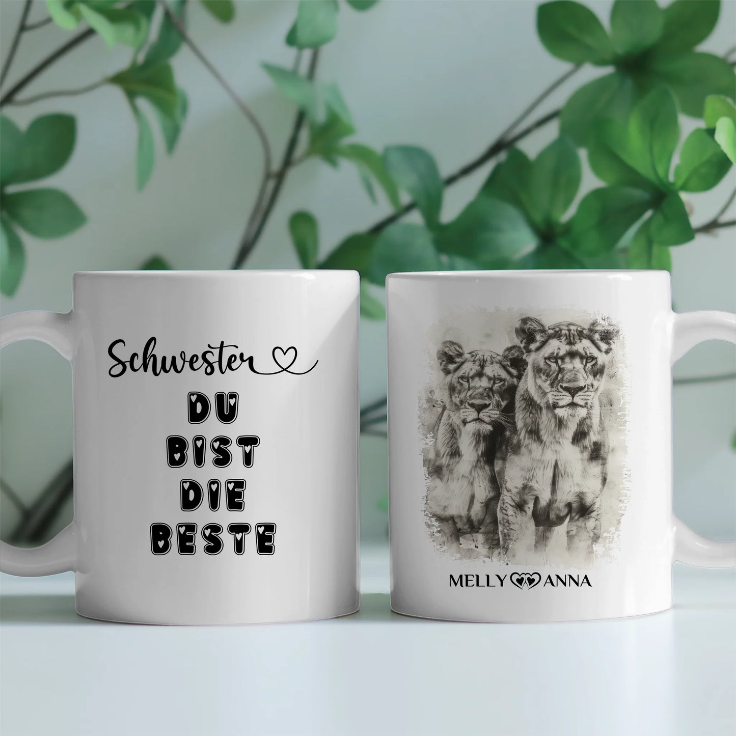 Personalisierte Tasse Schwester Löwen Bild Schwester Du bist die Beste