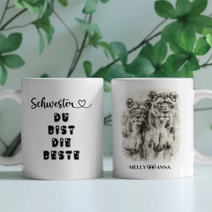 Personalisierte Tasse Schwester Löwen Bild Schwester Du bist die Beste