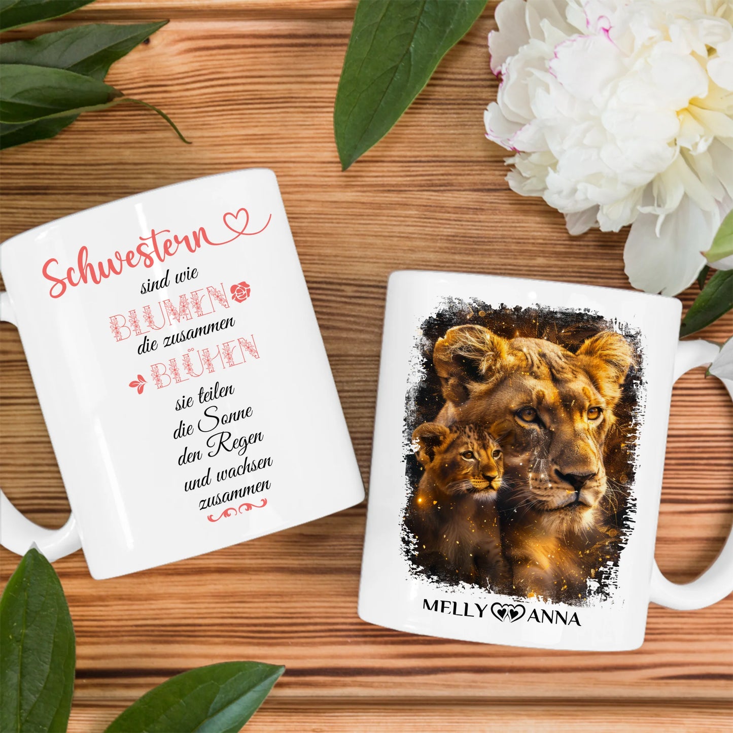 Tassen Geschenk für Schwester Löwen Bild Schwestern sind wie Blumen