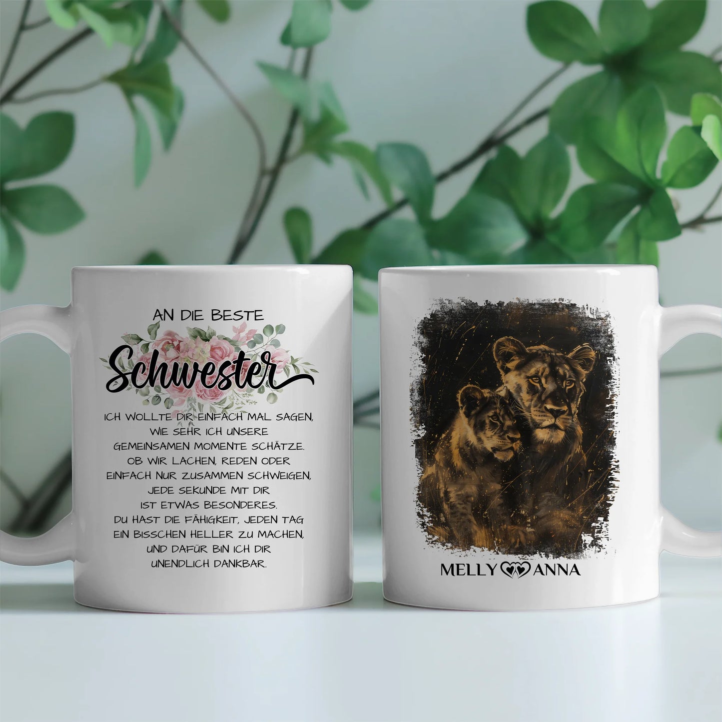 Personalisierte Tasse für Schwestern Löwen Bild Unsere Momente