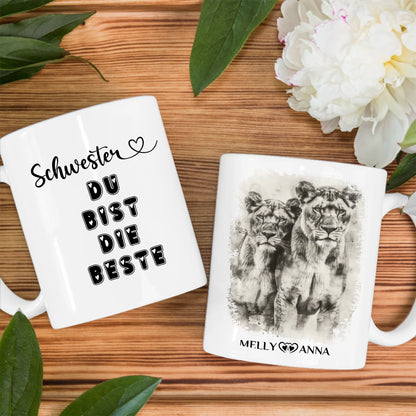 Personalisierte Tasse Schwester Löwen Bild Schwester Du bist die Beste