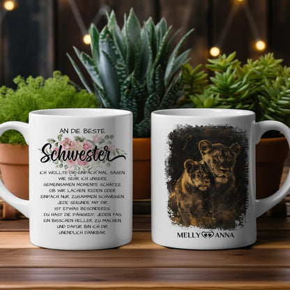 Personalisierte Tasse für Schwestern Löwen Bild Unsere Momente