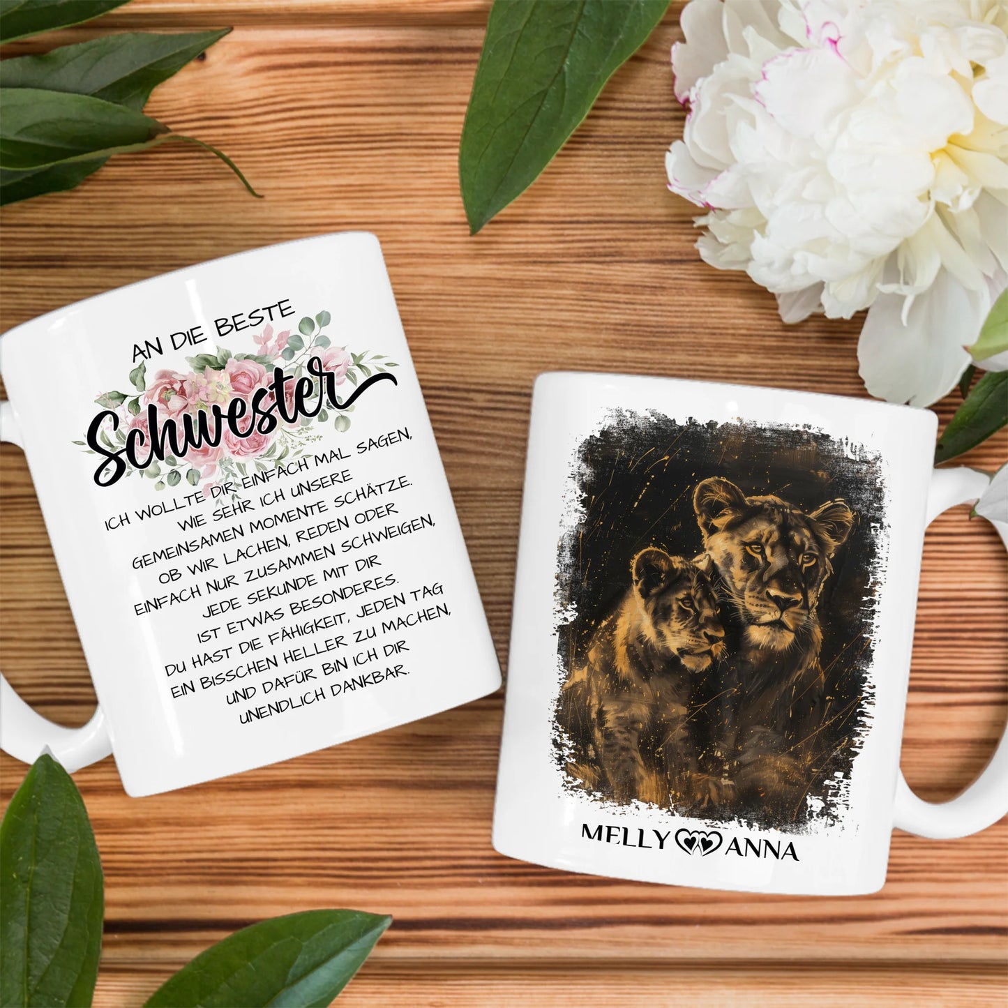 Personalisierte Tasse für Schwestern Löwen Bild Unsere Momente