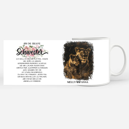 Personalisierte Tasse für Schwestern Löwen Bild Unsere Momente