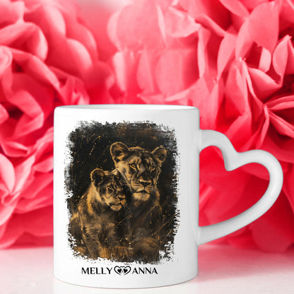 Personalisierte Tasse für Schwestern Löwen Bild Unsere Momente