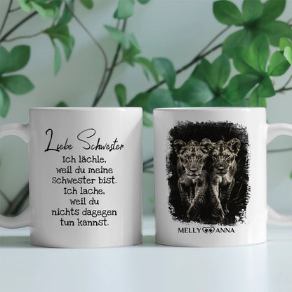 Tassen Geschenk für Schwester Löwen Bild Ich lächele