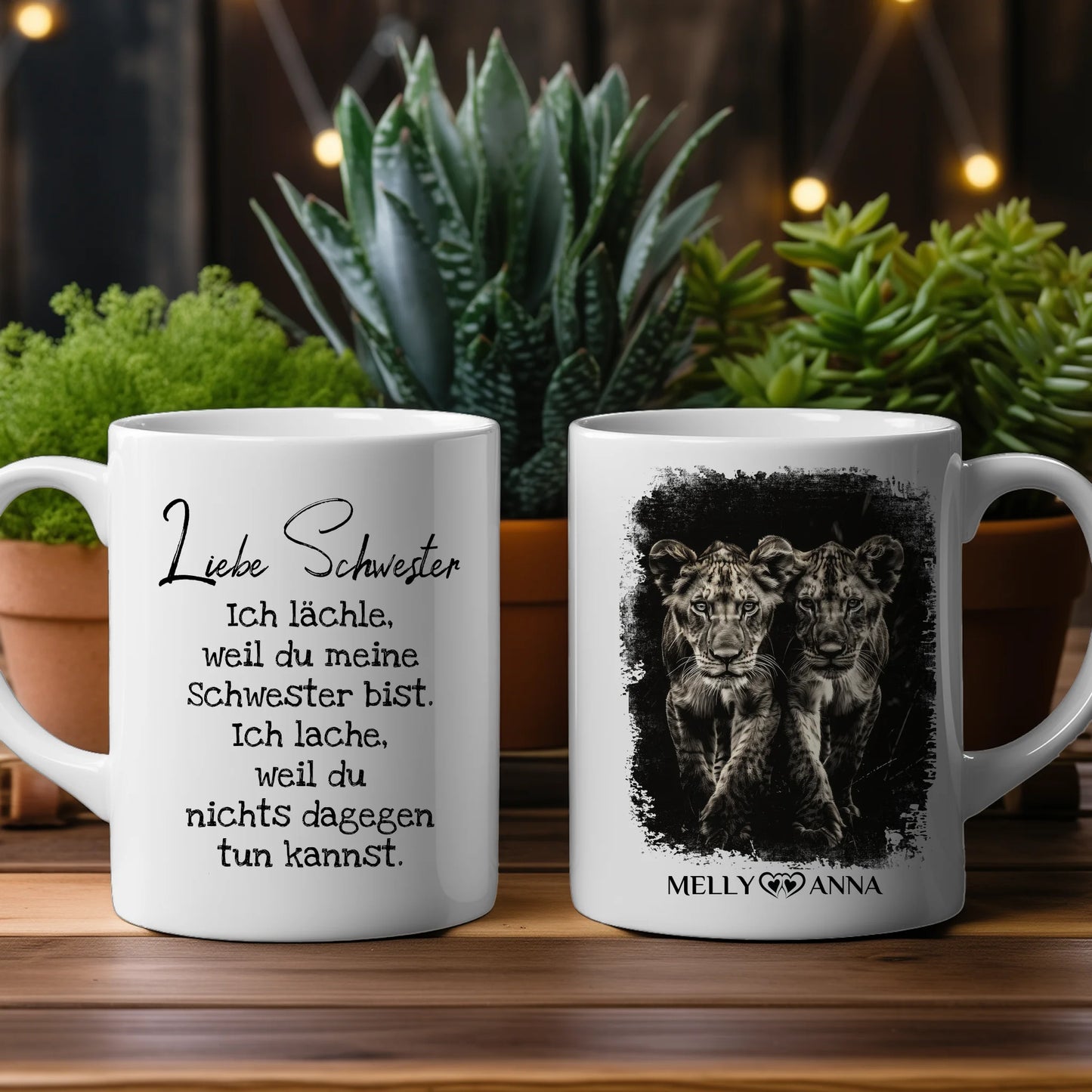 Tassen Geschenk für Schwester Löwen Bild Ich lächele