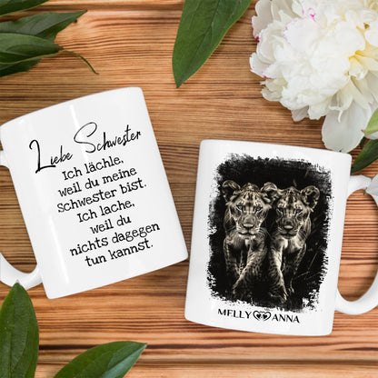 Tassen Geschenk für Schwester Löwen Bild Ich lächele