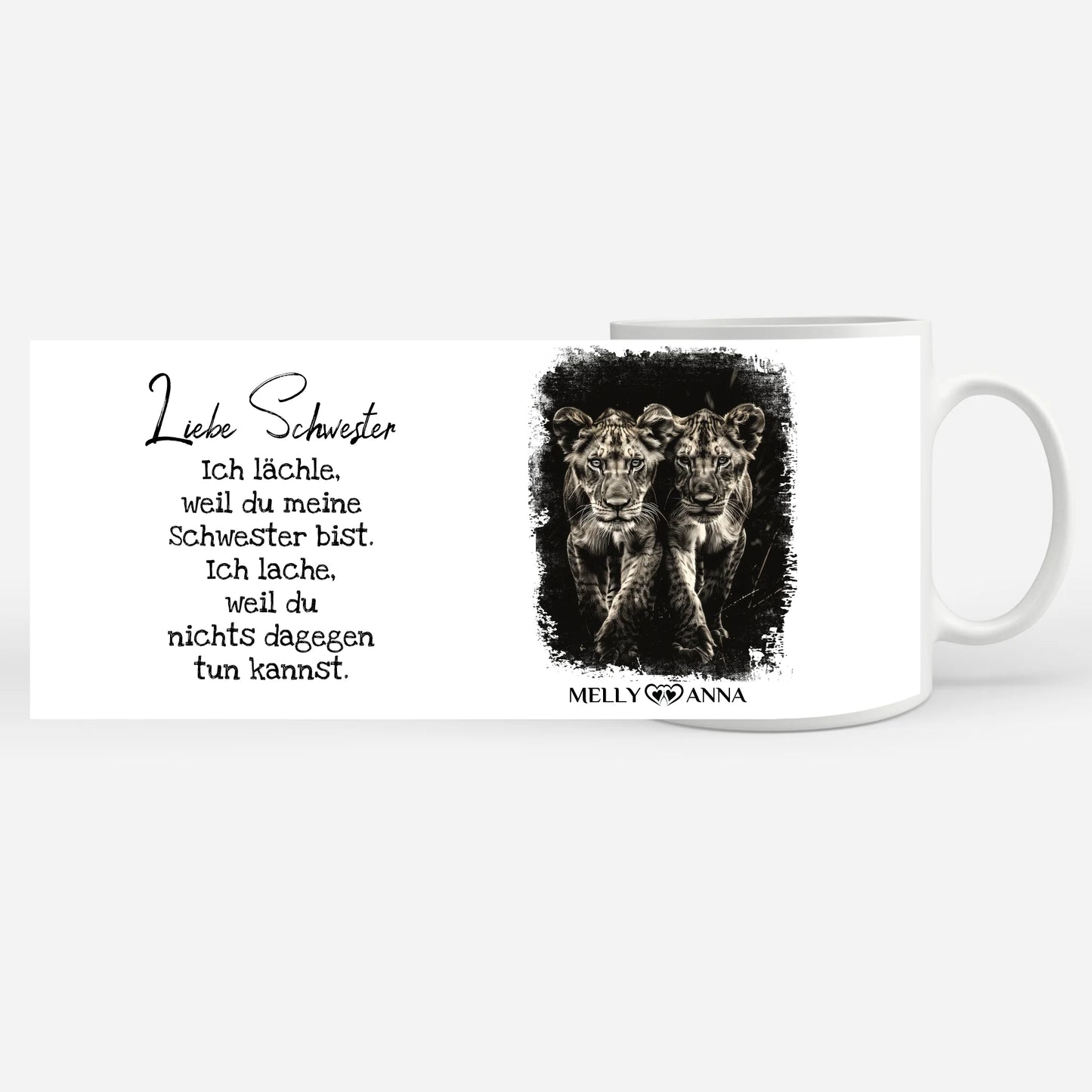 Tassen Geschenk für Schwester Löwen Bild Ich lächele