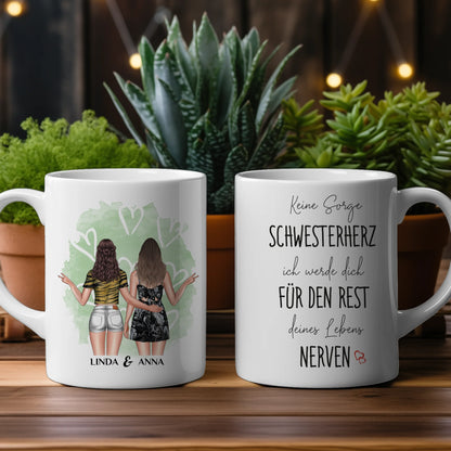 Personalisierte Tasse Schwester Keine Sorge mit Figuren