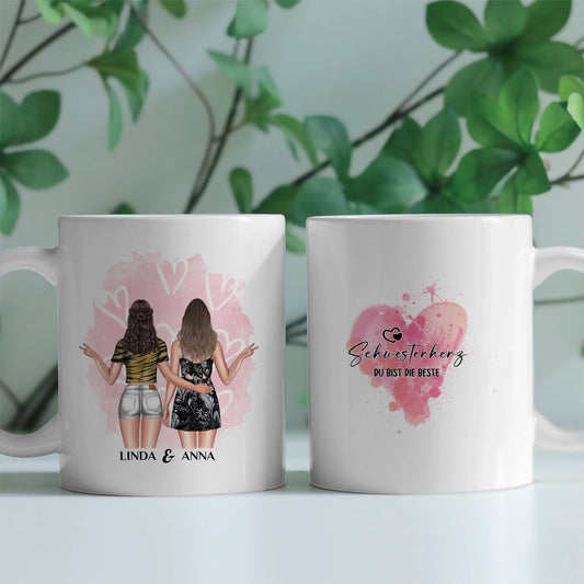 Personalisierte Tasse für Schwesterherz Bist die Beste mit Figuren