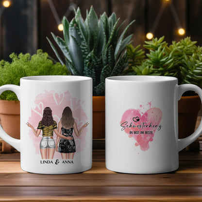Personalisierte Tasse für Schwesterherz Bist die Beste mit Figuren