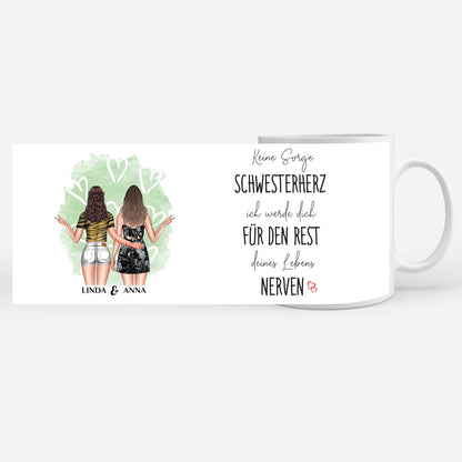 Personalisierte Tasse Schwester Keine Sorge mit Figuren
