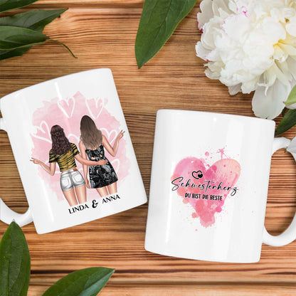 Personalisierte Tasse für Schwesterherz Bist die Beste mit Figuren