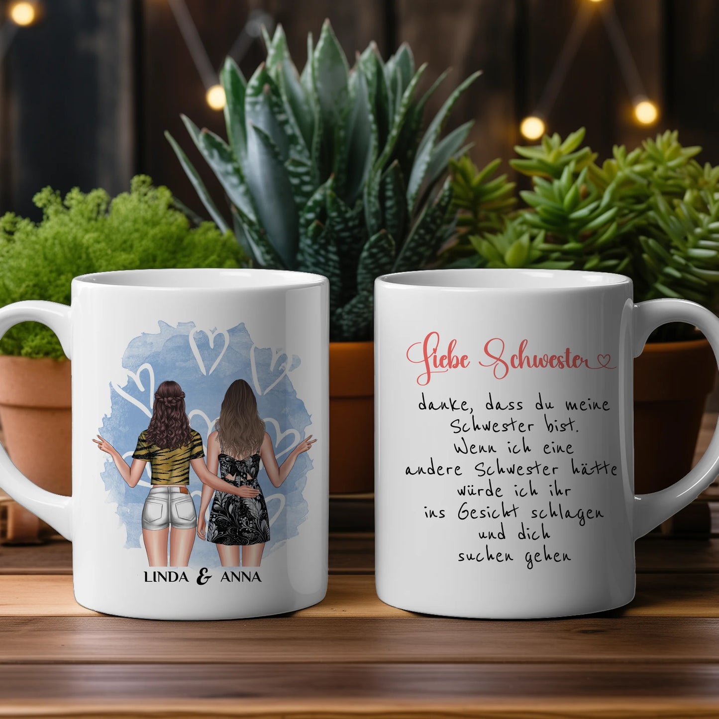 Tassen Geschenk für Schwester Ins Gesicht Personalisiert mit Figuren