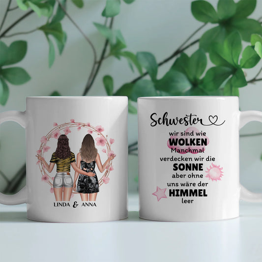 Personalisierte Tasse Schwestern sind wie Wolken mit Figuren