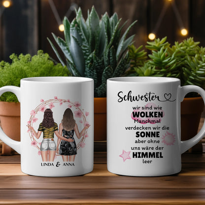 Personalisierte Tasse Schwestern sind wie Wolken mit Figuren