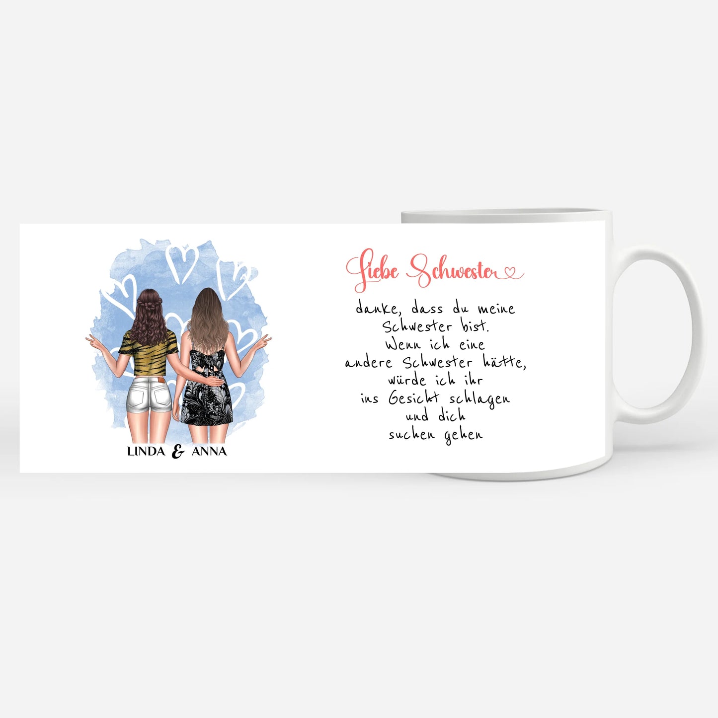 Tassen Geschenk für Schwester Ins Gesicht Personalisiert mit Figuren