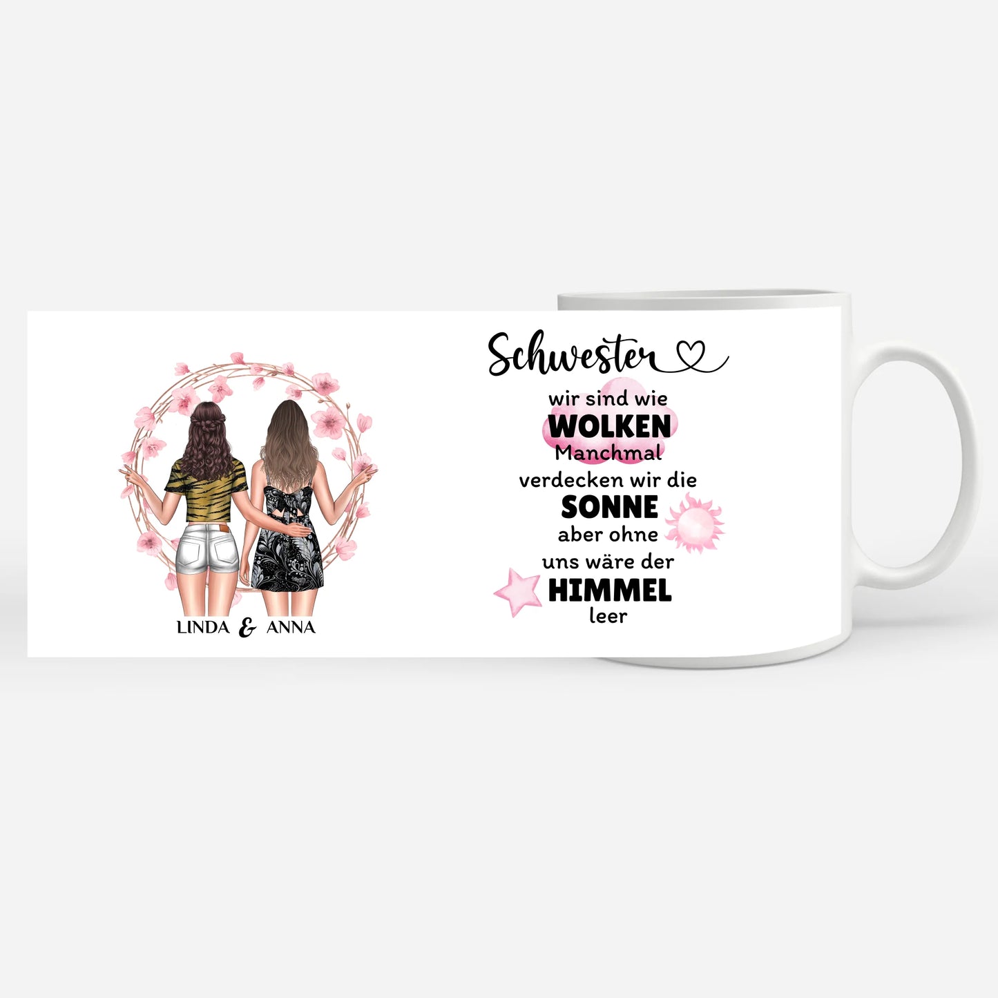 Personalisierte Tasse Schwestern sind wie Wolken mit Figuren