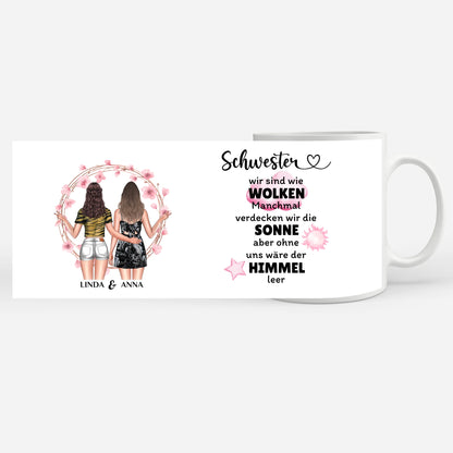 Personalisierte Tasse Schwestern sind wie Wolken mit Figuren