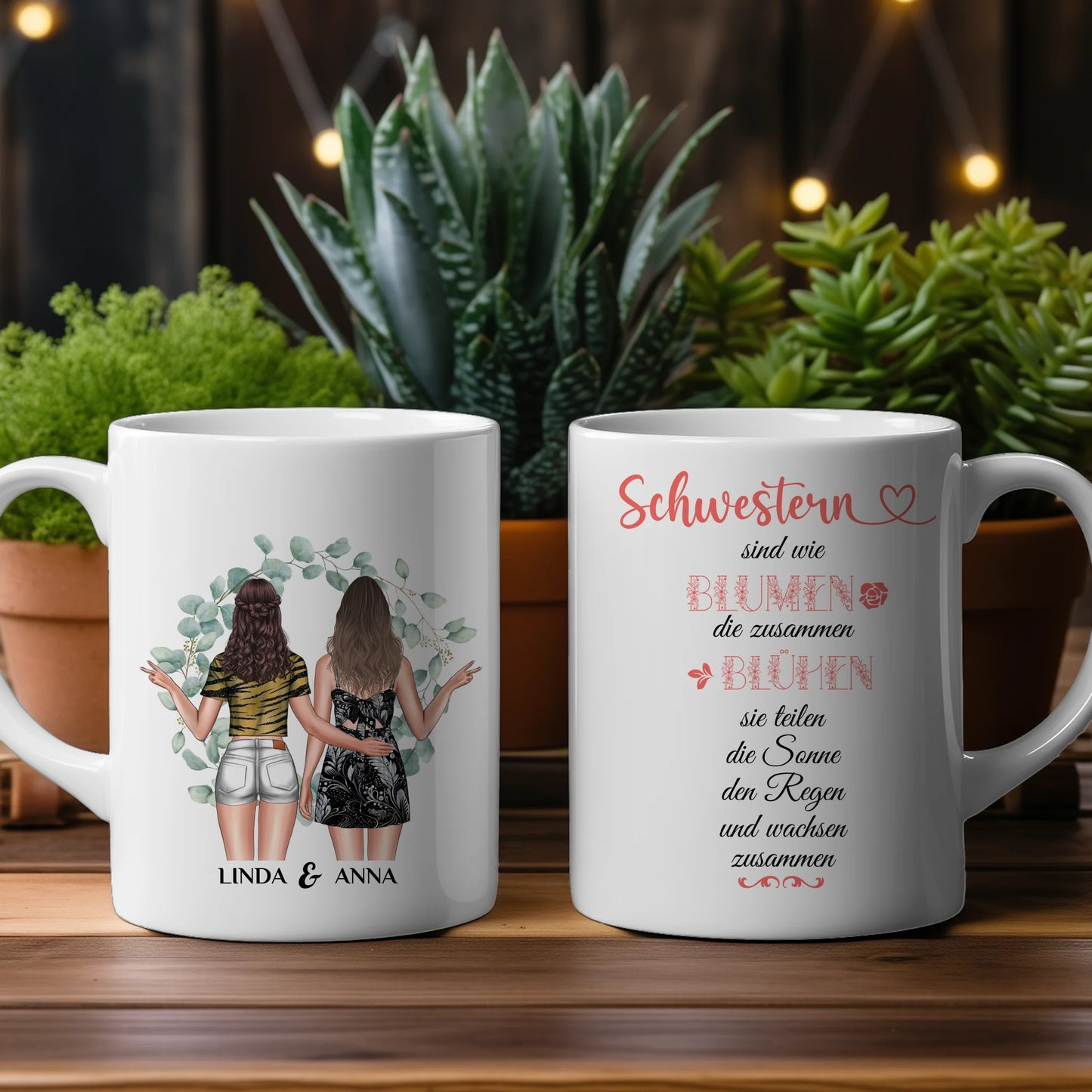 Personalisierte Tasse Schwestern sind wie Blumen mit Figuren