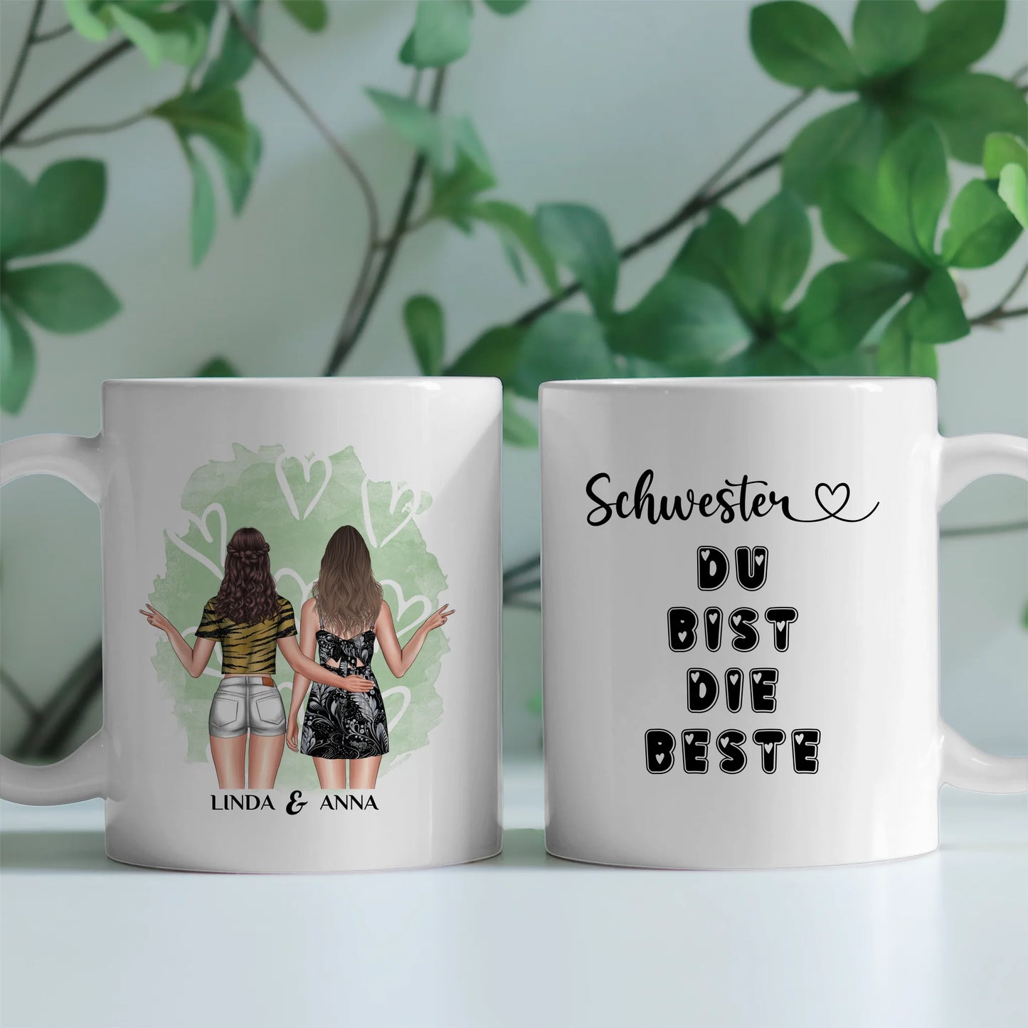 Personalisierte Tasse für Schwester Du bist die Beste mit Figuren