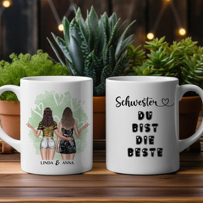 Personalisierte Tasse für Schwester Du bist die Beste mit Figuren