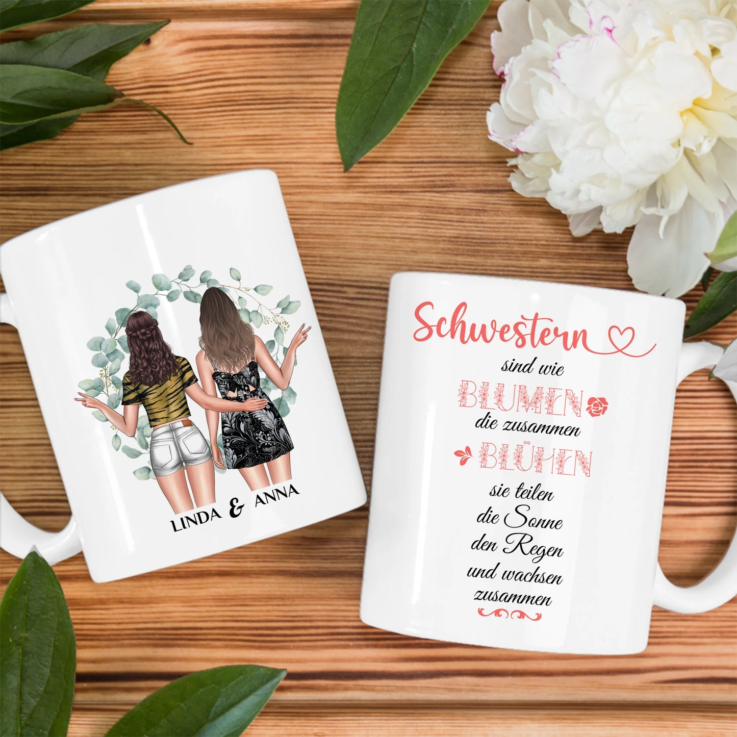 Personalisierte Tasse Schwestern sind wie Blumen mit Figuren