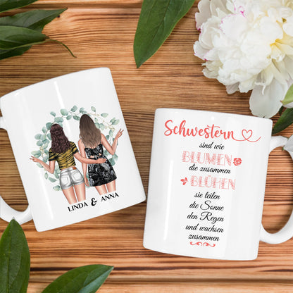 Personalisierte Tasse Schwestern sind wie Blumen mit Figuren