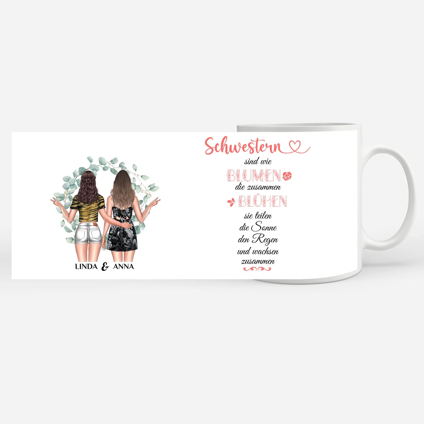 Personalisierte Tasse Schwestern sind wie Blumen mit Figuren