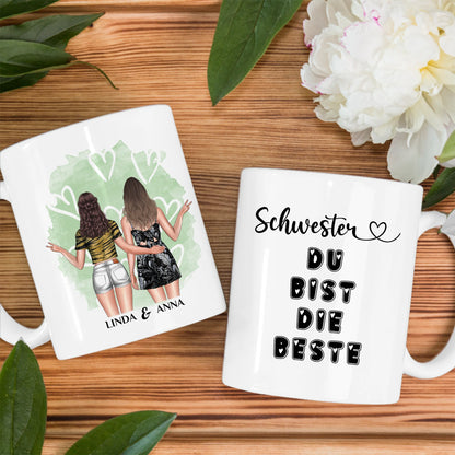 Personalisierte Tasse für Schwester Du bist die Beste mit Figuren