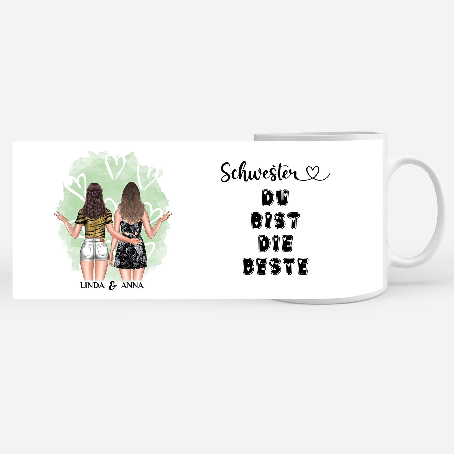 Personalisierte Tasse für Schwester Du bist die Beste mit Figuren
